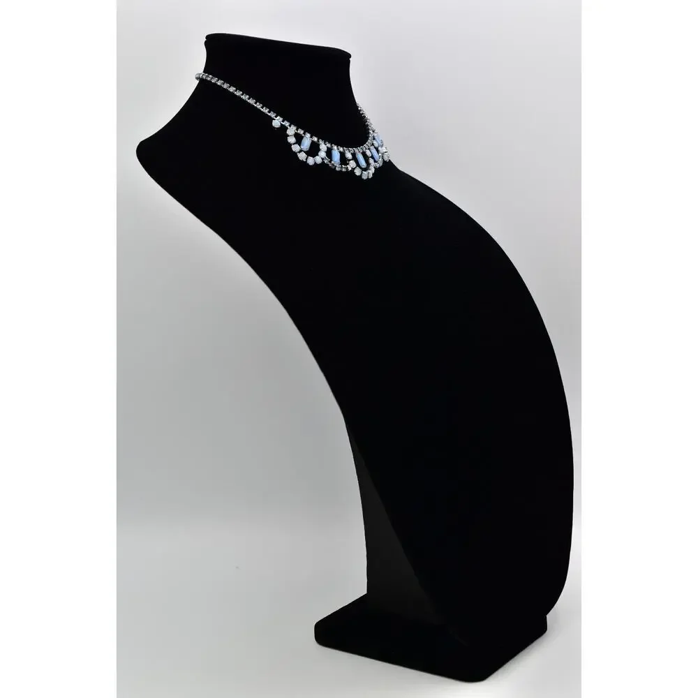 Vintage Crystal Collar Necklace Cabochon Blue Prong Rhinestone Silver 60s Bin3D